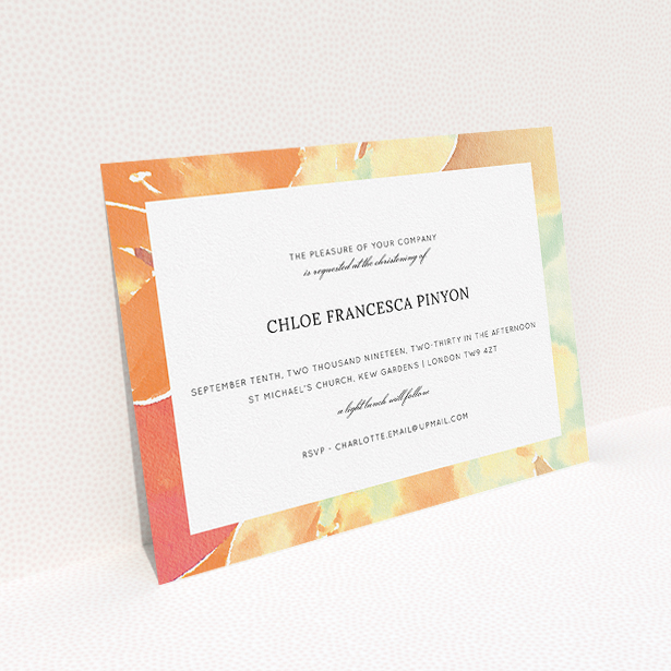 A christening invite named "Pastel Blossom". It is an A5 invite in a landscape orientation. "Pastel Blossom" is available as a flat invite, with tones of orange and mint green.