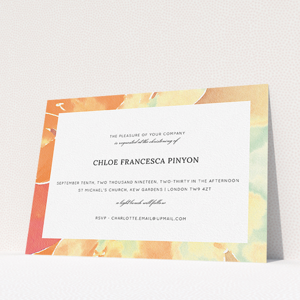 A christening invite named "Pastel Blossom". It is an A5 invite in a landscape orientation. "Pastel Blossom" is available as a flat invite, with tones of orange and mint green.