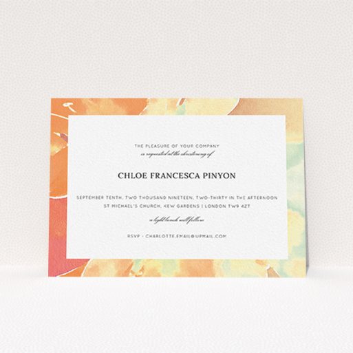 A christening invite design named "Pastel Blossom". It is an A6 invite in a landscape orientation. "Pastel Blossom" is available as a flat invite, with tones of orange and mint green.