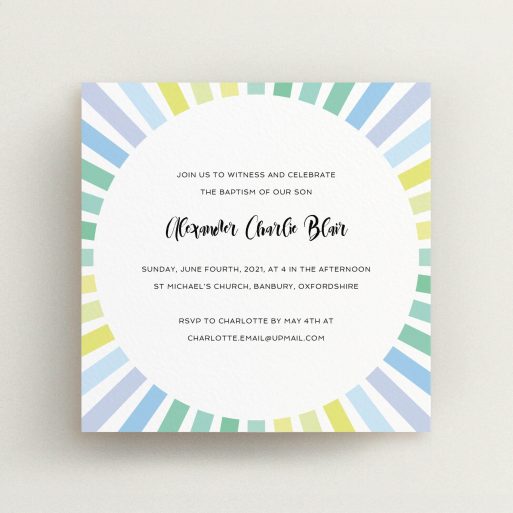 Christening Invite Design - "Pastel Sun" A christening invite named "Pastel Sun". It is a square (148mm x 148mm) invite in a square orientation. "Pastel Sun" is available as a flat invite, with tones of blue, yellow and light green.
