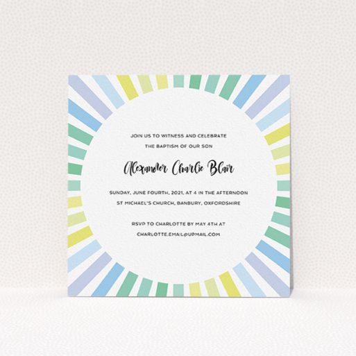A christening invite named "Pastel Sun". It is a square (148mm x 148mm) invite in a square orientation. "Pastel Sun" is available as a flat invite, with tones of blue, yellow and light green.