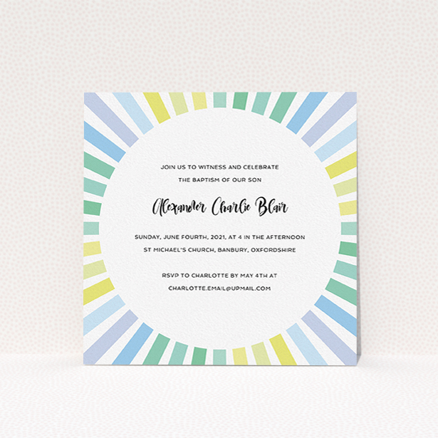 A christening invite named "Pastel Sun". It is a square (148mm x 148mm) invite in a square orientation. "Pastel Sun" is available as a flat invite, with tones of blue, yellow and light green.