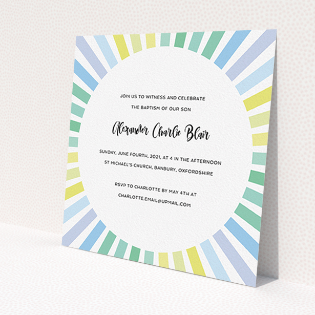 A christening invite named 'Pastel Sun'. It is a square (148mm x 148mm) invite in a square orientation. 'Pastel Sun' is available as a flat invite, with tones of blue, yellow and light green.