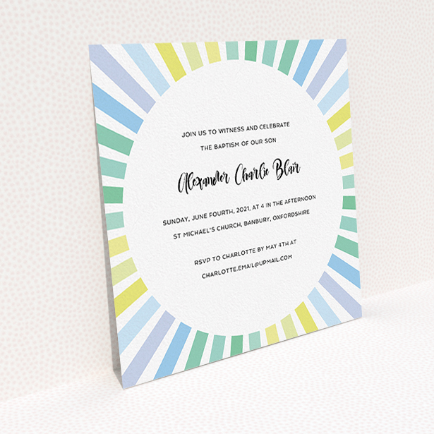 A christening invite named "Pastel Sun". It is a square (148mm x 148mm) invite in a square orientation. "Pastel Sun" is available as a flat invite, with tones of blue, yellow and light green.