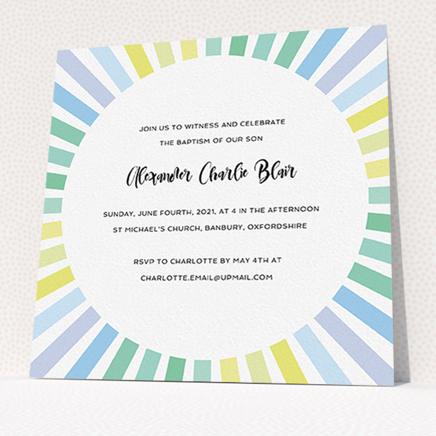 A christening invite named "Pastel Sun". It is a square (148mm x 148mm) invite in a square orientation. "Pastel Sun" is available as a flat invite, with tones of blue, yellow and light green.