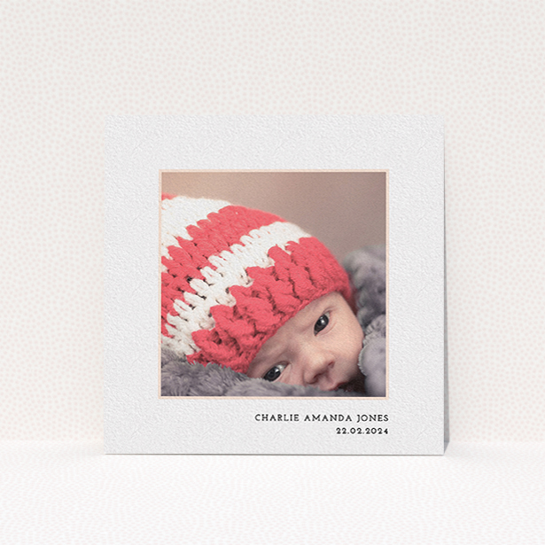 A christening invite design titled "Photo Centre". It is a square (148mm x 148mm) invite in a square orientation. It is a photographic christening invite with room for 1 photo. "Photo Centre" is available as a flat invite, with mainly white colouring.