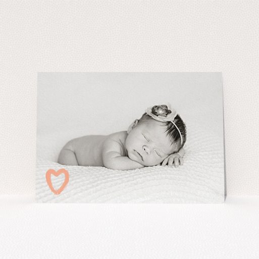 A christening invite called "Pink heart motif". It is an A6 invite in a landscape orientation. It is a photographic christening invite with room for 1 photo. "Pink heart motif" is available as a flat invite, with mainly light pink colouring.