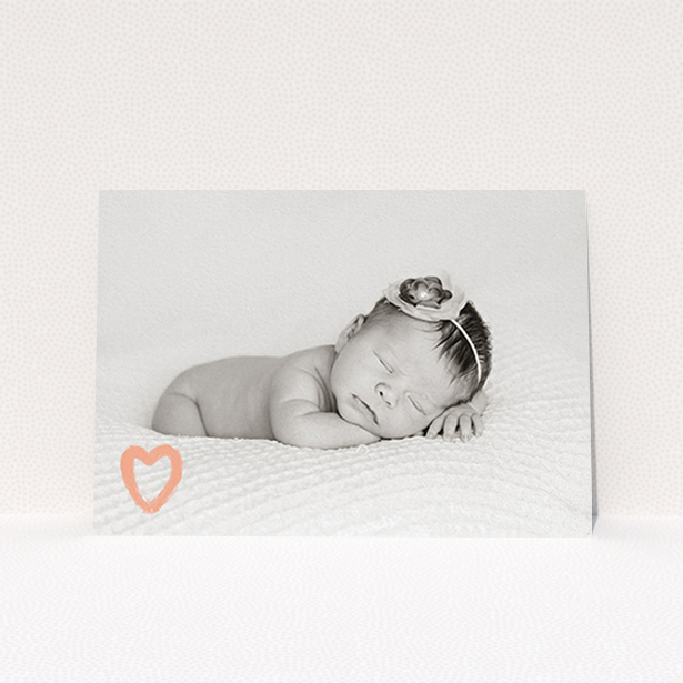 A christening invite called "Pink heart motif". It is an A6 invite in a landscape orientation. It is a photographic christening invite with room for 1 photo. "Pink heart motif" is available as a flat invite, with mainly light pink colouring.