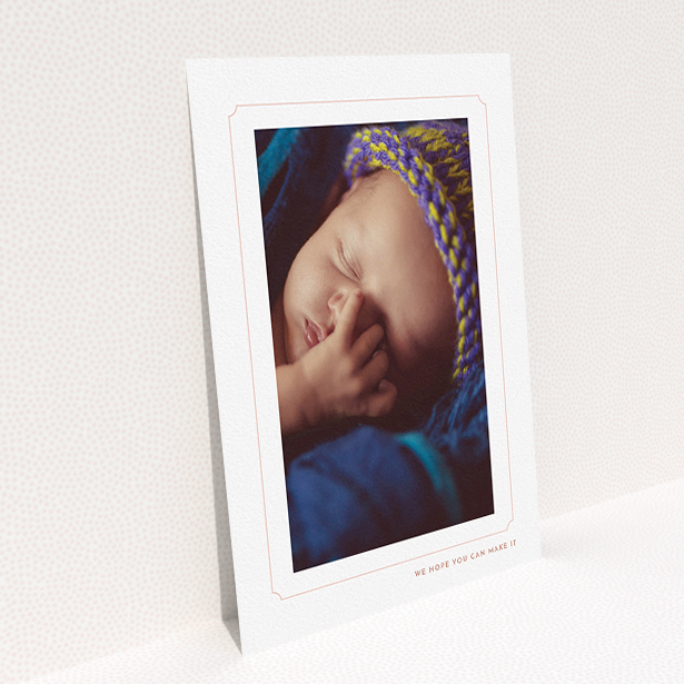 A christening invite design titled "Pink notch Frame". It is an A5 invite in a portrait orientation. It is a photographic christening invite with room for 1 photo. "Pink notch Frame" is available as a flat invite, with tones of white and pink.