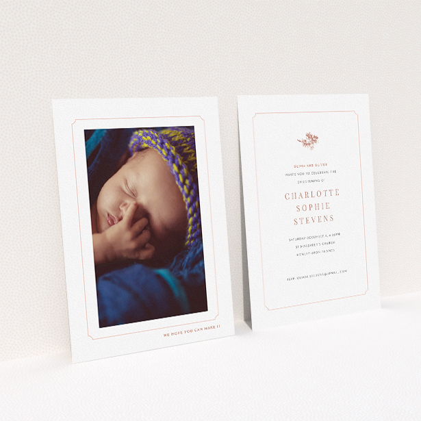 A christening invite design titled "Pink notch Frame". It is an A5 invite in a portrait orientation. It is a photographic christening invite with room for 1 photo. "Pink notch Frame" is available as a flat invite, with tones of white and pink.