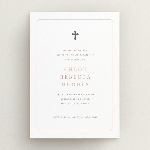 Christening Invite Design - "Pink with Grey Cross" A christening invite template titled "Pink with Grey Cross". It is an A5 invite in a portrait orientation. "Pink with Grey Cross" is available as a flat invite, with tones of white and pink.