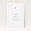 A christening invite template titled "Pink with Grey Cross". It is an A5 invite in a portrait orientation. "Pink with Grey Cross" is available as a flat invite, with tones of white and pink.