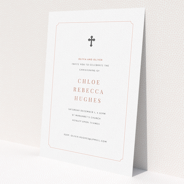 A christening invite template titled "Pink with Grey Cross". It is an A5 invite in a portrait orientation. "Pink with Grey Cross" is available as a flat invite, with tones of white and pink.