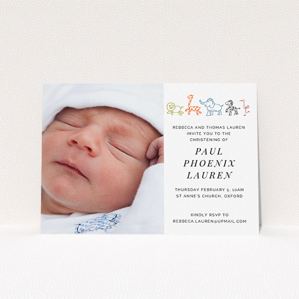 A christening invite design titled "Playground Safari". It is an A5 invite in a landscape orientation. It is a photographic christening invite with room for 1 photo. "Playground Safari" is available as a flat invite, with tones of white and orange.