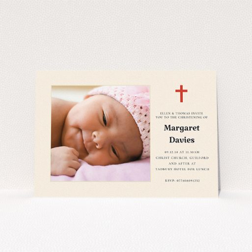 A christening invite design titled "Red and Cream". It is an A5 invite in a landscape orientation. It is a photographic christening invite with room for 1 photo. "Red and Cream" is available as a flat invite, with tones of red and cream.