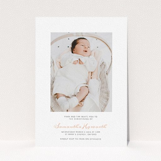 A christening invite called "Right in the middle". It is an A6 invite in a portrait orientation. It is a photographic christening invite with room for 1 photo. "Right in the middle" is available as a flat invite, with tones of white and pink.