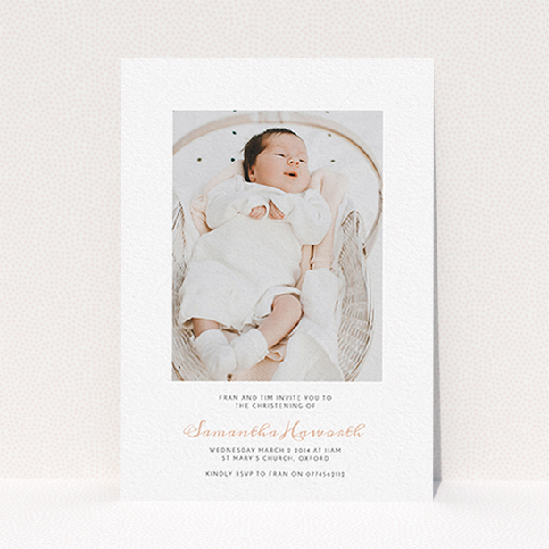 A christening invite called "Right in the middle". It is an A6 invite in a portrait orientation. It is a photographic christening invite with room for 1 photo. "Right in the middle" is available as a flat invite, with tones of white and pink.