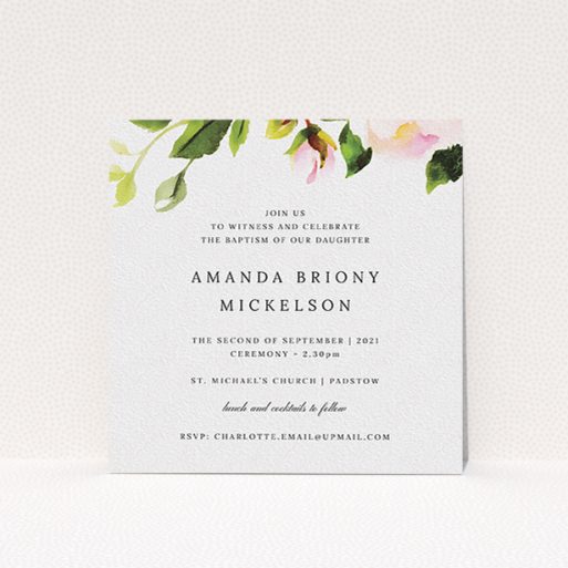 A christening invite template titled "Rose Ceiling". It is a square (148mm x 148mm) invite in a square orientation. "Rose Ceiling" is available as a flat invite, with tones of pink and green.