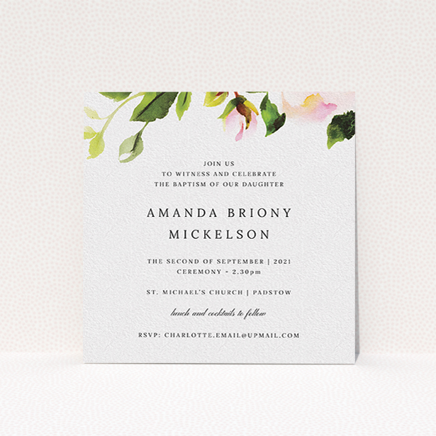 A christening invite template titled "Rose Ceiling". It is a square (148mm x 148mm) invite in a square orientation. "Rose Ceiling" is available as a flat invite, with tones of pink and green.