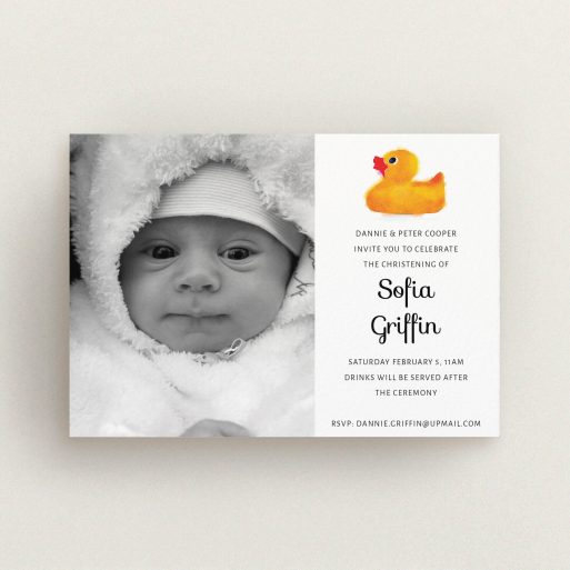 Christening Invite Design - "Rubber Ducky" A christening invite design called "Rubber Ducky". It is an A6 invite in a landscape orientation. It is a photographic christening invite with room for 1 photo. "Rubber Ducky" is available as a flat invite, with tones of orange and white.