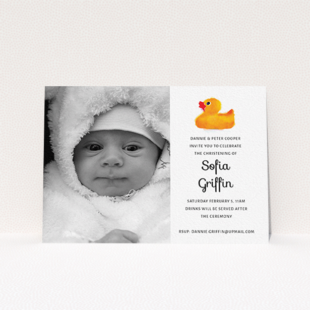 A christening invite design called "Rubber Ducky". It is an A6 invite in a landscape orientation. It is a photographic christening invite with room for 1 photo. "Rubber Ducky" is available as a flat invite, with tones of orange and white.