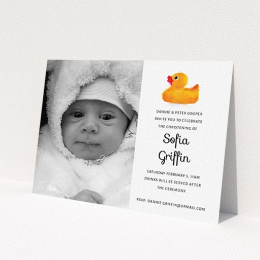 A christening invite design called 'Rubber Ducky'. It is an A6 invite in a landscape orientation. It is a photographic christening invite with room for 1 photo. 'Rubber Ducky' is available as a flat invite, with tones of orange and white.