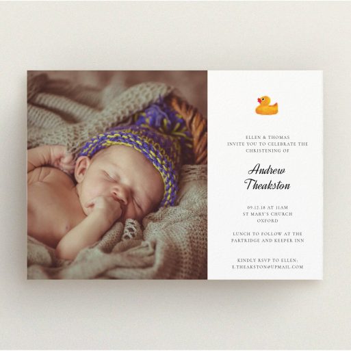 Christening Invite Design - "Rubber Ducky Motif" A christening invite design called "Rubber Ducky Motif". It is an A5 invite in a landscape orientation. It is a photographic christening invite with room for 1 photo. "Rubber Ducky Motif" is available as a flat invite, with tones of white and orange.