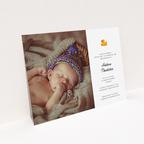 A christening invite design called "Rubber Ducky Motif". It is an A5 invite in a landscape orientation. It is a photographic christening invite with room for 1 photo. "Rubber Ducky Motif" is available as a flat invite, with tones of white and orange.