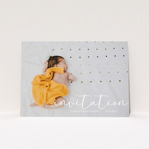 A christening invite template titled "Salamanca". It is an A6 invite in a landscape orientation. It is a photographic christening invite with room for 1 photo. "Salamanca" is available as a flat invite, with mainly white colouring.