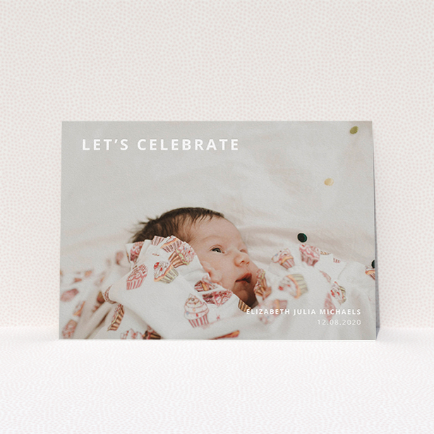 A christening invite design titled "Sans Serif". It is an A5 invite in a landscape orientation. It is a photographic christening invite with room for 1 photo. "Sans Serif" is available as a flat invite, with mainly white colouring.