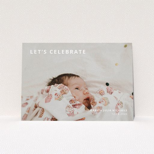 A christening invite named "Sans Serif". It is an A6 invite in a landscape orientation. It is a photographic christening invite with room for 1 photo. "Sans Serif" is available as a flat invite, with mainly white colouring.