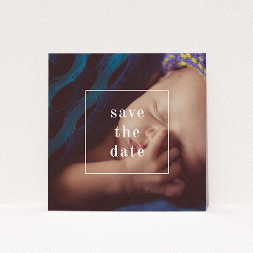 A christening invite design titled "Say Hello". It is a square (148mm x 148mm) invite in a square orientation. It is a photographic christening invite with room for 1 photo. "Say Hello" is available as a flat invite, with mainly white colouring.