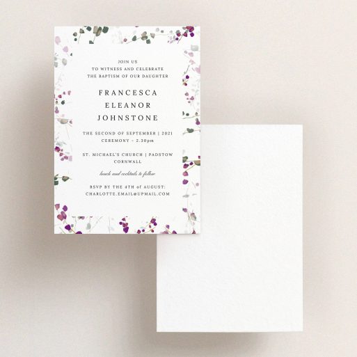 Christening Invite Design - "Scattered Violets" A christening invite design named "Scattered Violets". It is an A5 invite in a portrait orientation. "Scattered Violets" is available as a flat invite, with mainly white colouring.