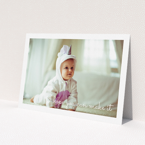 A christening invite design named 'See you at the font'. It is an A5 invite in a landscape orientation. It is a photographic christening invite with room for 1 photo. 'See you at the font' is available as a flat invite, with mainly white colouring.