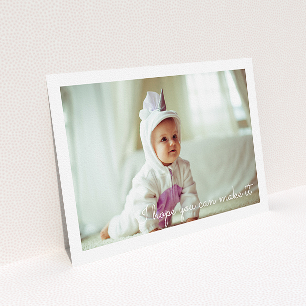 A christening invite design named "See you at the font". It is an A5 invite in a landscape orientation. It is a photographic christening invite with room for 1 photo. "See you at the font" is available as a flat invite, with mainly white colouring.