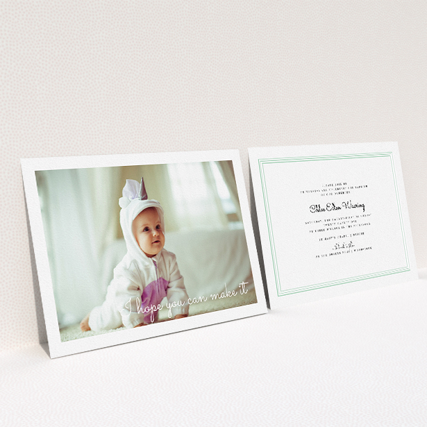 A christening invite design named "See you at the font". It is an A5 invite in a landscape orientation. It is a photographic christening invite with room for 1 photo. "See you at the font" is available as a flat invite, with mainly white colouring.