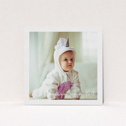 A christening invite template titled "See you at the font". It is a square (148mm x 148mm) invite in a square orientation. It is a photographic christening invite with room for 1 photo. "See you at the font" is available as a flat invite, with mainly white colouring.