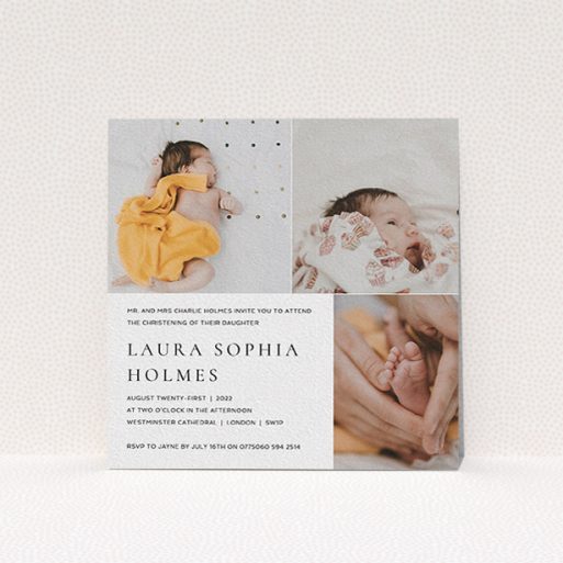 A christening invite design named "Serif". It is a square (148mm x 148mm) invite in a square orientation. It is a photographic christening invite with room for 3 photos. "Serif" is available as a flat invite, with mainly white colouring.