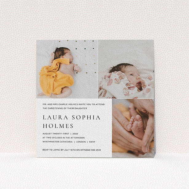 A christening invite design named "Serif". It is a square (148mm x 148mm) invite in a square orientation. It is a photographic christening invite with room for 3 photos. "Serif" is available as a flat invite, with mainly white colouring.