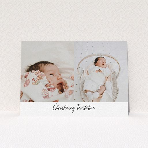 A christening invite design titled "Side By Side Photo". It is an A6 invite in a landscape orientation. It is a photographic christening invite with room for 2 photos. "Side By Side Photo" is available as a flat invite, with mainly white colouring.
