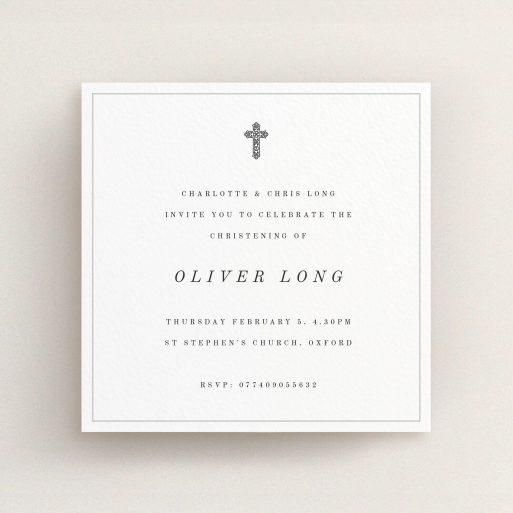 Christening Invite Design - "Simple Religious Design" A christening invite design named "Simple Religious Design". It is a square (148mm x 148mm) invite in a square orientation. "Simple Religious Design" is available as a flat invite, with mainly white colouring.