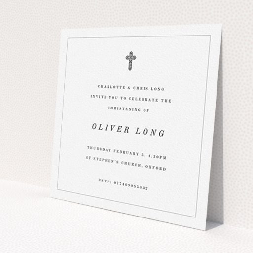 A christening invite design named 'Simple Religious Design'. It is a square (148mm x 148mm) invite in a square orientation. 'Simple Religious Design' is available as a flat invite, with mainly white colouring.