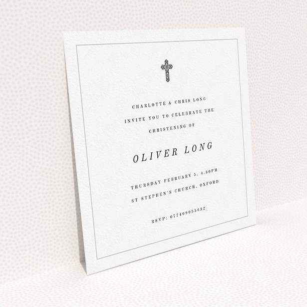 A christening invite design named "Simple Religious Design". It is a square (148mm x 148mm) invite in a square orientation. "Simple Religious Design" is available as a flat invite, with mainly white colouring.