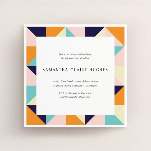 Christening Invite Design - "Sloane Squares" A christening invite called "Sloane Squares". It is a square (148mm x 148mm) invite in a square orientation. "Sloane Squares" is available as a flat invite, with mainly orange colouring.