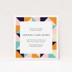 A christening invite called "Sloane Squares". It is a square (148mm x 148mm) invite in a square orientation. "Sloane Squares" is available as a flat invite, with mainly orange colouring.