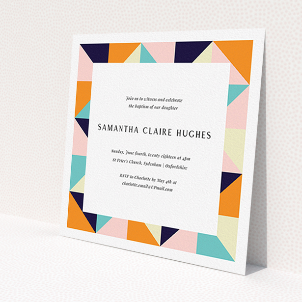 A christening invite called "Sloane Squares". It is a square (148mm x 148mm) invite in a square orientation. "Sloane Squares" is available as a flat invite, with mainly orange colouring.