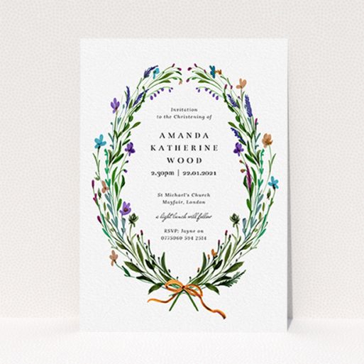 A christening invite design titled "Spring Wreath". It is an A6 invite in a portrait orientation. "Spring Wreath" is available as a flat invite, with tones of green and purple.