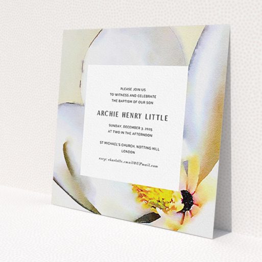 A christening invite design titled 'Spring Zoom'. It is a square (148mm x 148mm) invite in a square orientation. 'Spring Zoom' is available as a flat invite, with tones of white, magnolia and yellow.