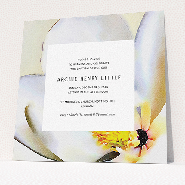 A christening invite design titled "Spring Zoom". It is a square (148mm x 148mm) invite in a square orientation. "Spring Zoom" is available as a flat invite, with tones of white, magnolia and yellow.