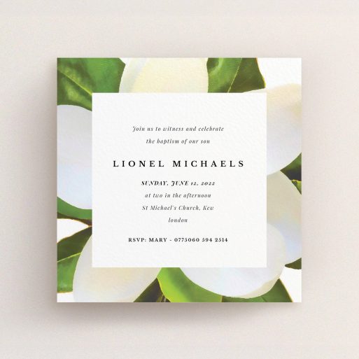 Christening Invite Design - "Summer Border" A christening invite template titled "Summer Border". It is a square (148mm x 148mm) invite in a square orientation. "Summer Border" is available as a flat invite, with tones of green and white.